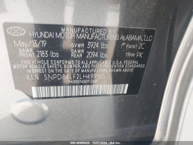 5NPD84LF2LH499165 Hyundai ELANTRA SEL