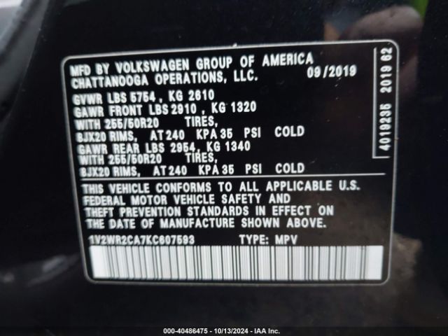 1V2WR2CA7KC607593 Volkswagen Atlas 3.6l V6 Se W/technology