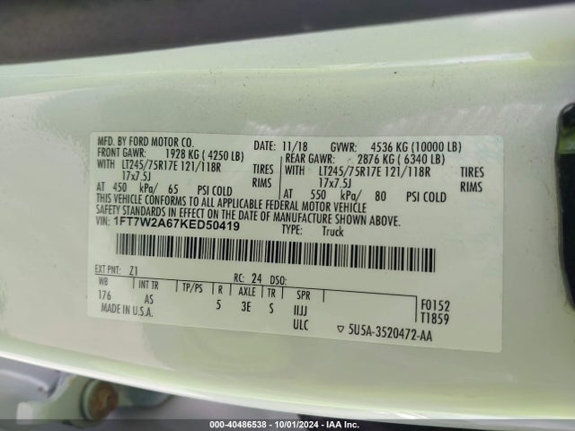 Ford F-250 Xl 2019 1FT7W2A67KED50419 Image 9