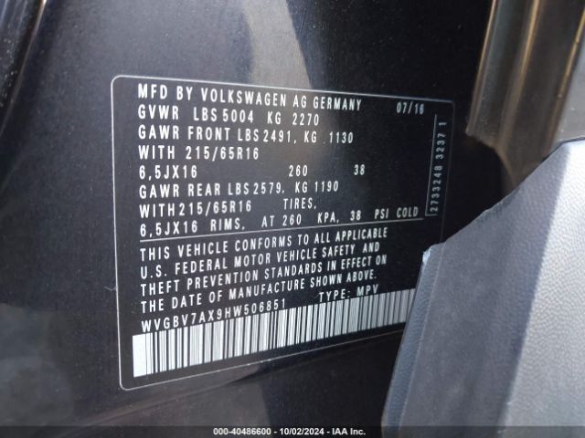 WVGBV7AX9HW506851 Volkswagen Tiguan 2.0t S