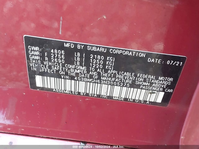 Subaru Legacy Limited Xt 2022 4S3BWGN63N3005275 Image 9