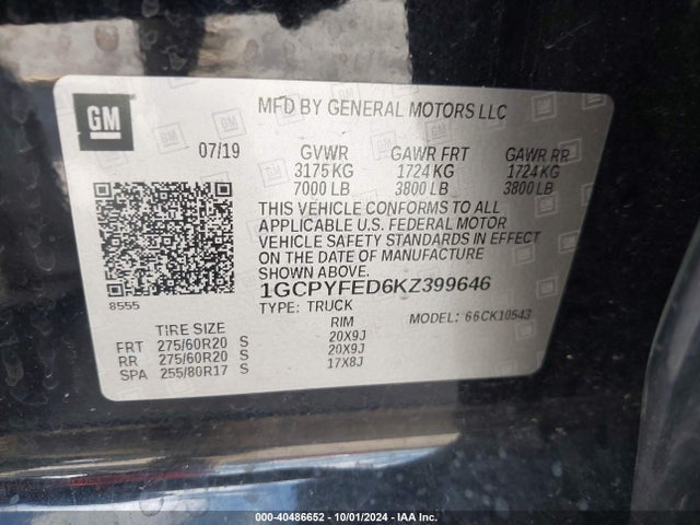 1GCPYFED6KZ399646 Chevrolet Silverado 1500 Lt Trail Boss