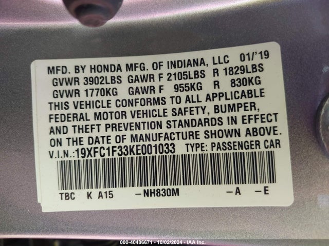 Honda CIVIC EX 2019 19XFC1F33KE001033 Image 9