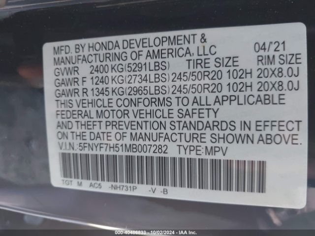 5FNYF7H51MB007282 Honda Passport 2wd Ex-l
