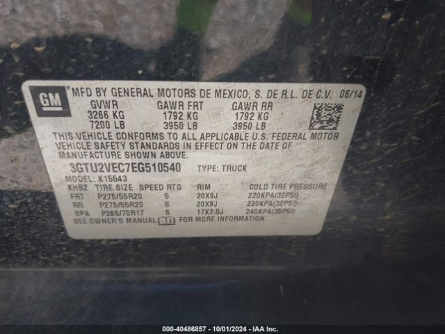 3GTU2VEC7EG510540 GMC Sierra 1500 Slt