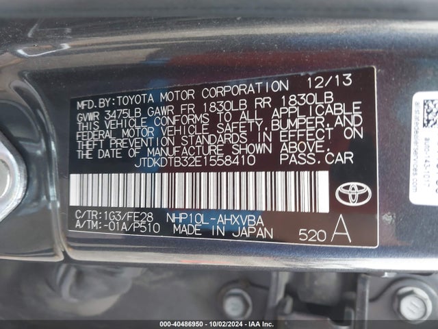 JTDKDTB32E1558410 Toyota Prius C One