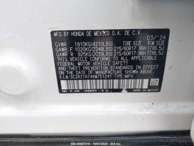 3CZRZ1H74RM751241 Honda Hr-v 2wd Ex-l/2wd Ex-l W/o Bsi