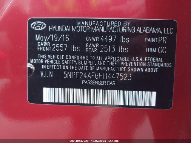 Hyundai Sonata 2017 5NPE24AF6HH447523 Image 9