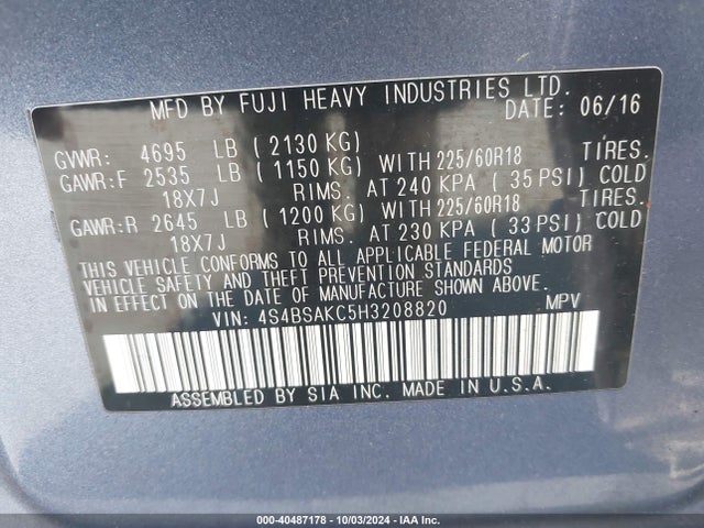 Subaru Outback 2.5i Limited 2017 4S4BSAKC5H3208820 Image 9