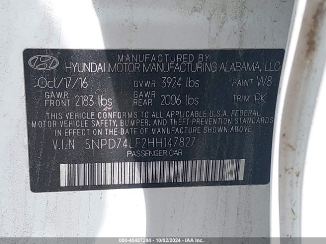 5NPD74LF2HH147827 Hyundai ELANTRA SE