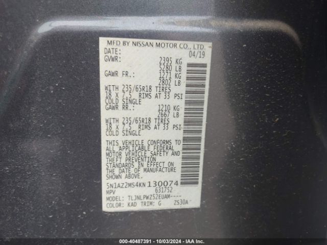 5N1AZ2MS4KN130074 Nissan MURANO S