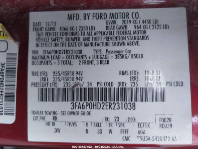 3FA6P0HD2ER231038 Ford FUSION SE
