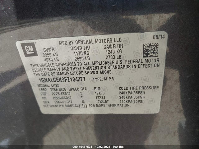 Chevrolet Equinox 2lt 2015 1GNALCEK9FZ104277 Image 9