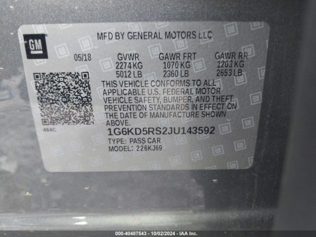 1G6KD5RS2JU143592 Cadillac CT6 LUXURY