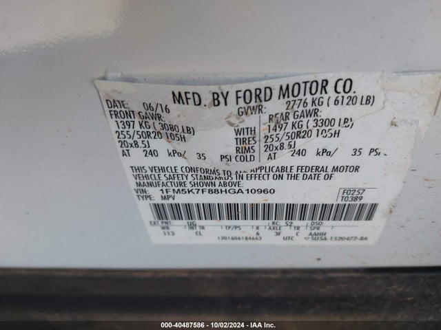 Ford Explorer Limited 2017 1FM5K7F88HGA10960 Image 9