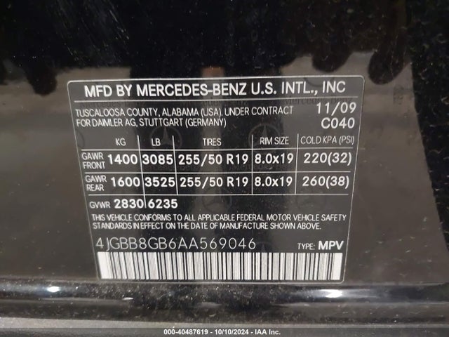 Aukcja sprzedaży 2010 Mercedes-benz Ml 350 4matic, vin: 4JGBB8GB6AA569046, numer aukcji: 40487619