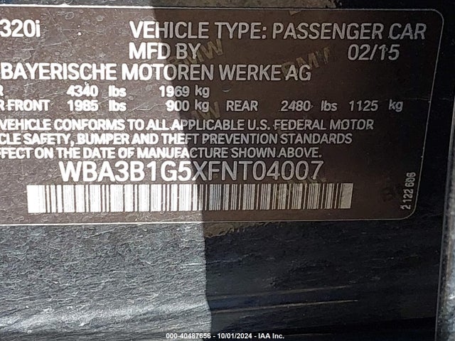 Aukcja sprzedaży 2015 Bmw 320i, vin: WBA3B1G5XFNT04007, numer aukcji: 40487656
