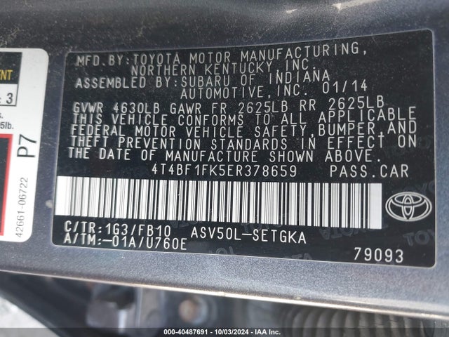 Toyota CAMRY XLE 2014 4T4BF1FK5ER378659 Image 9