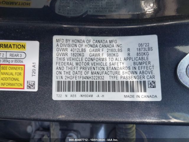 2HGFE1F94NH322832 Honda Civic Touring