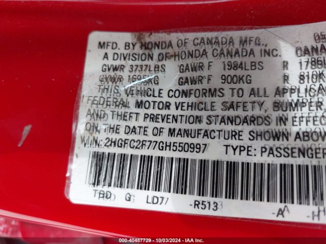 2HGFC2F77GH550997 Honda CIVIC EX
