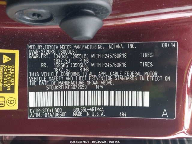 Toyota Highlander Xle V6 2015 5TDJKRFH4FS072650 Image 9