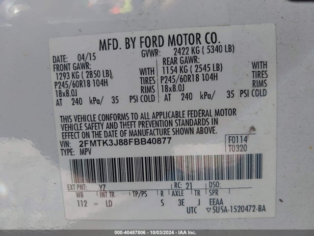 Ford EDGE SEL 2015 2FMTK3J88FBB40877 Image 9