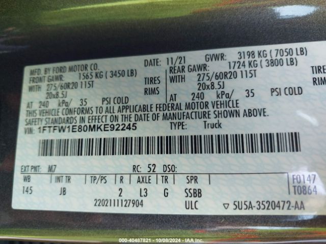 1FTFW1E80MKE92245 Ford F-150 Xl