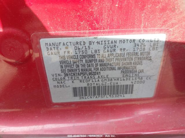 3N1CN7AP5FL953241 Nissan Versa 1.6 Sl