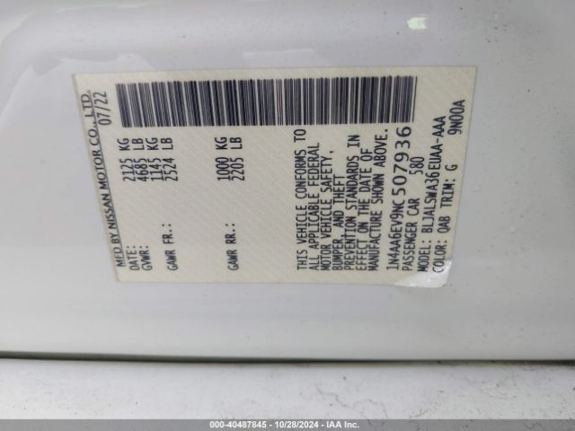 1N4AA6EV9NC507936 Nissan Maxima Sr Xtronic Cvt