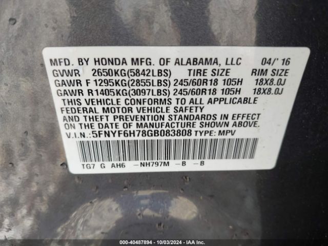 5FNYF6H78GB083808 Honda Pilot Ex-l