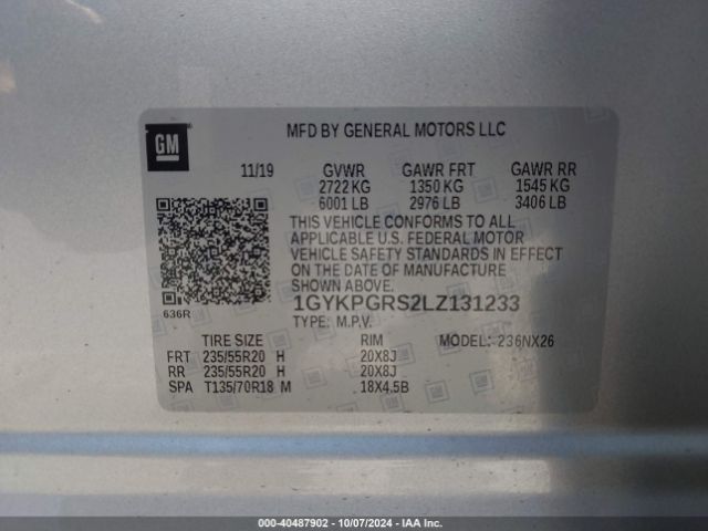 1GYKPGRS2LZ131233 Cadillac Xt6 Awd Sport