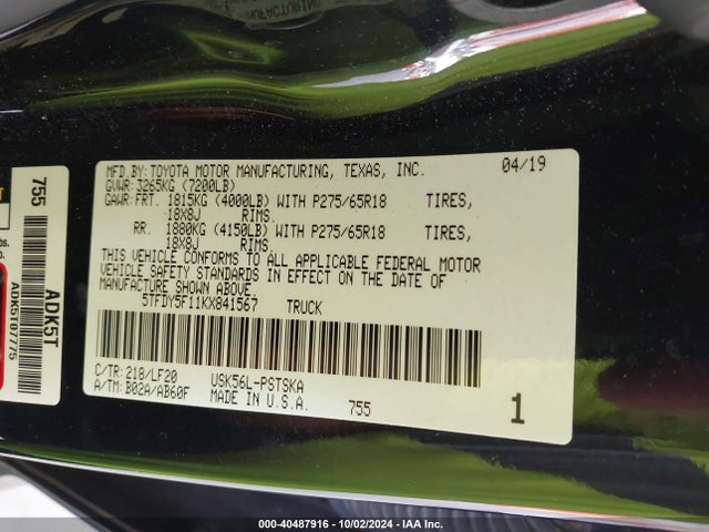 5TFDY5F11KX841567 Toyota Tundra Trd Pro 5.7l V8