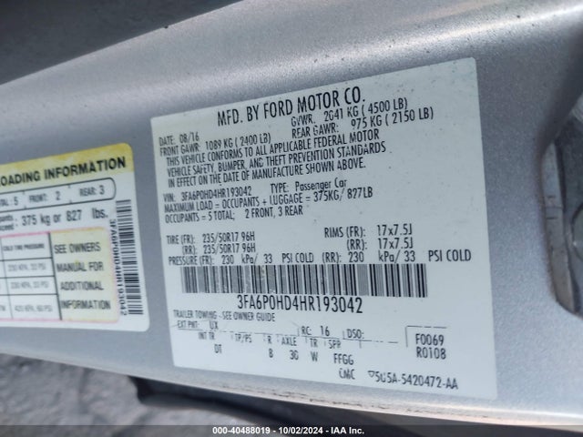Ford FUSION SE 2017 3FA6P0HD4HR193042 Image 9