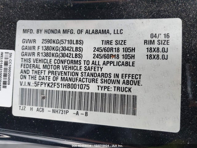 Honda Ridgeline Rtl 2017 5FPYK2F51HB001075 Image 9