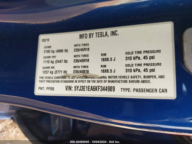 2019 TESLA MODEL 3 5YJ3E1EA6KF344989 Photo 8