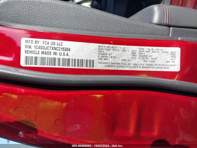 1C4SDJCTXNC215304 Dodge Durango R/t Awd