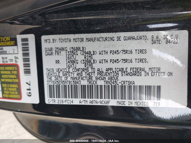 3TYSX5EN5NT015043 Toyota Tacoma Sr5