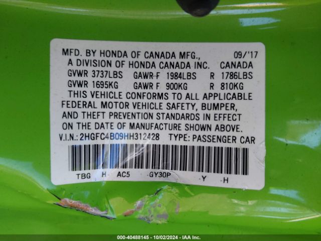 2HGFC4B09HH312428 Honda Civic Lx-p