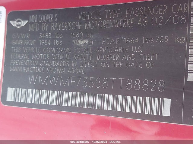 2008 MINI COOPER S WMWMF73588TT88828 Photo 8