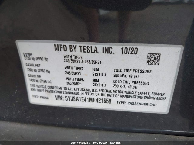 2021 TESLA MODEL S 5YJSA1E41MF421658 Photo 8