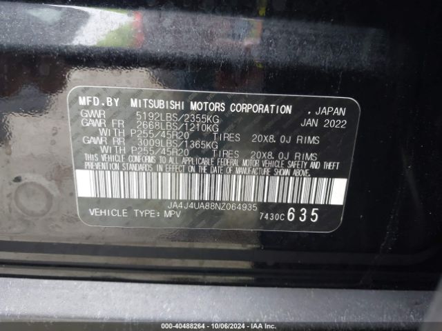 JA4J4UA88NZ064935 Mitsubishi Outlander Black Edition /se 2.5 /se Launch Edition