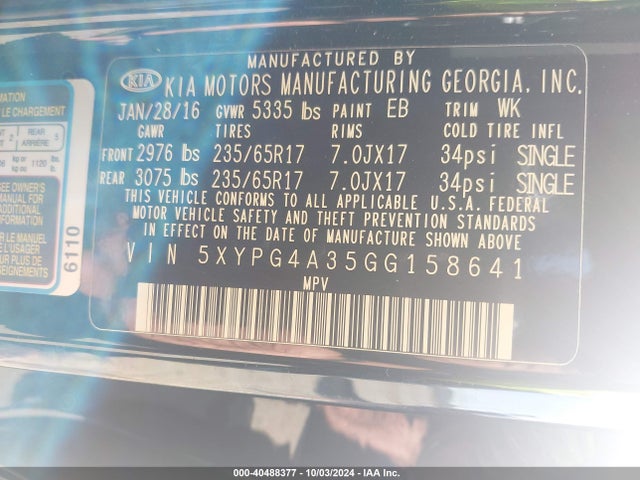KIA Sorento 2.4l Lx 2016 5XYPG4A35GG158641 Image 9