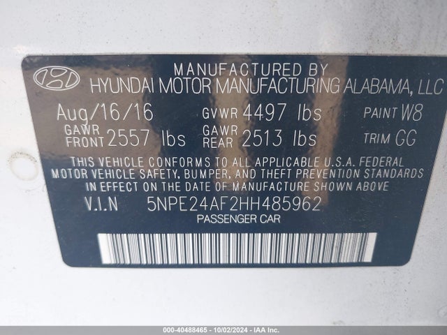 Hyundai Sonata 2017 5NPE24AF2HH485962 Image 9