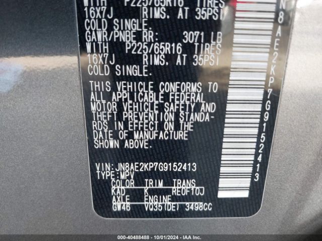 JN8AE2KP7G9152413 Nissan Quest Platinum/s/sl/sv