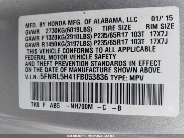 Honda ODYSSEY EX 2015 5FNRL5H41FB053836 Image 9