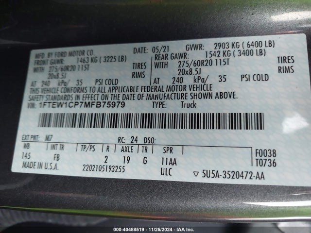 Ford F150 Supercrew 2021 1FTEW1CP7MFB75979 Image 9