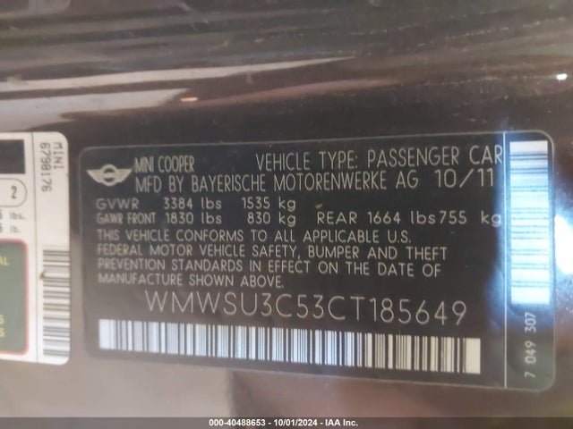 2012 MINI COOPER WMWSU3C53CT185649 Photo 8