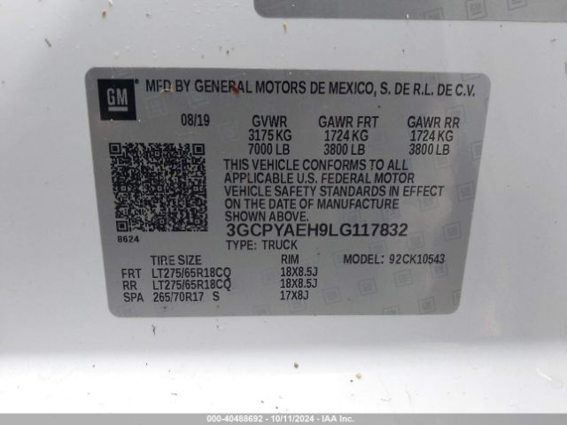 3GCPYAEH9LG117832 Chevrolet Silverado 1500 4wd  Short Bed Wt