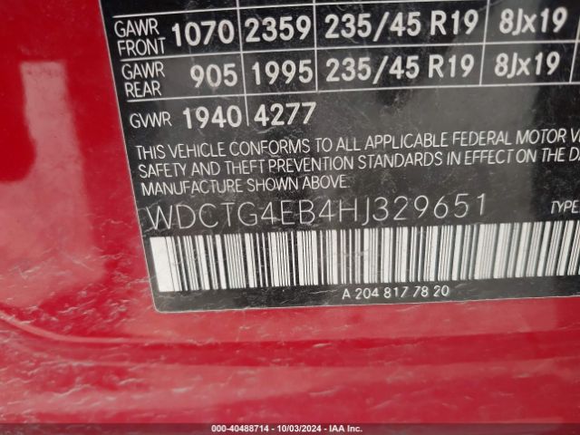 WDCTG4EB4HJ329651 Mercedes-Benz GLA 250