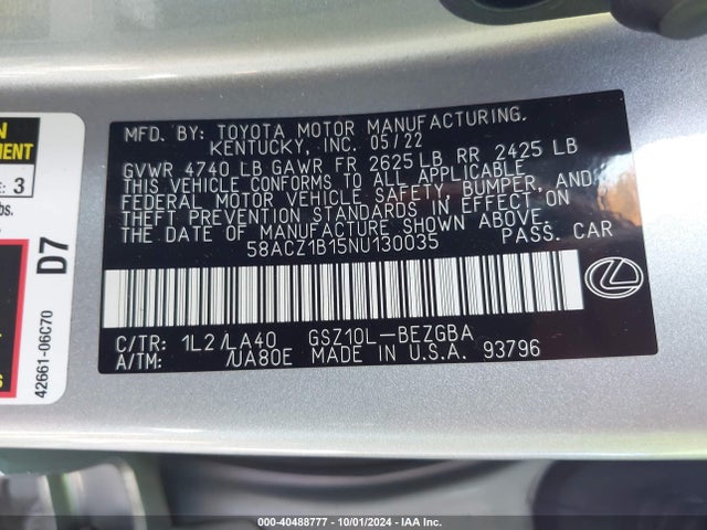 Lexus ES 350 2022 58ACZ1B15NU130035 Image 9
